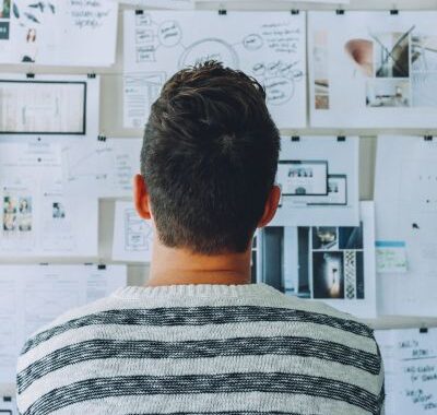 memory person looking at a wall with lots of stick on information
