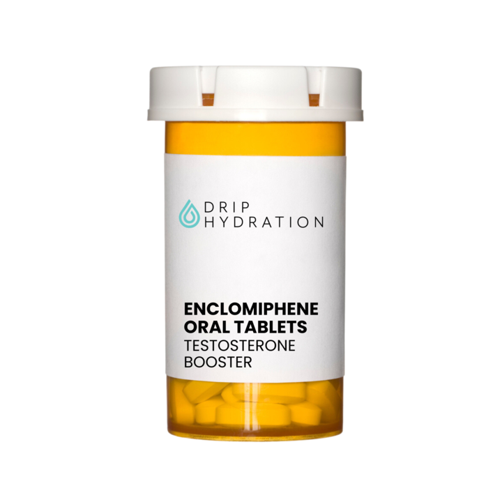 end._drip__720 bottle of oral enclomiphene tablets, with drip hydration logo
